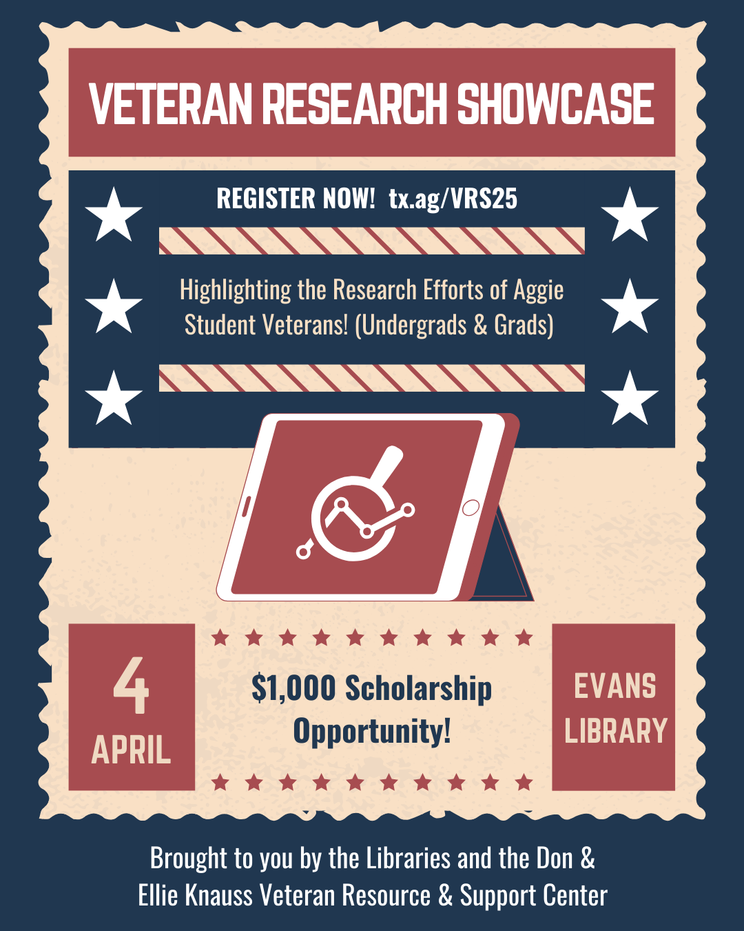 Veteran Research Showcase. Register now! tx.ag/VRS25. Highlighting the research efforts of Aggie Student Veterans! (Undergrads & Grads). $1,000 scholarship opportunity! April 4. Evans Library. Brought to you by the Libraries and the Don & Ellie Knauss Veteran Resource & Support Center.